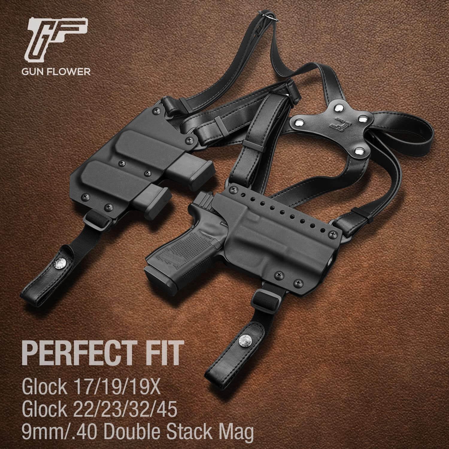 Handmade Full Grain Leather Strap with US Kydex Hybrid Shoulder Holster for Glock G17 Gen3-5 G19 Gen3-5 G19X G22 Gen5 G23 Gen3-5 G26 Gen3-5 G32 Gen3-4 G34 Gen3-5 G44 G45 & 9mm/.40 Double-Stack Mag Gun & Flower