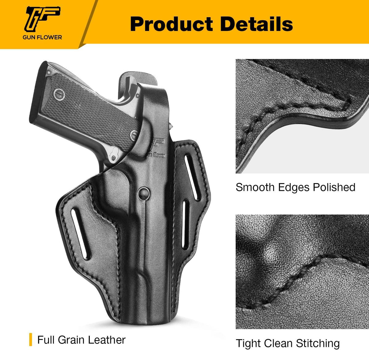 Handmade Genuine Leather OWB Thumb Break Holster for  Most 1911 5'' No Rail Pistol Gun & Flower