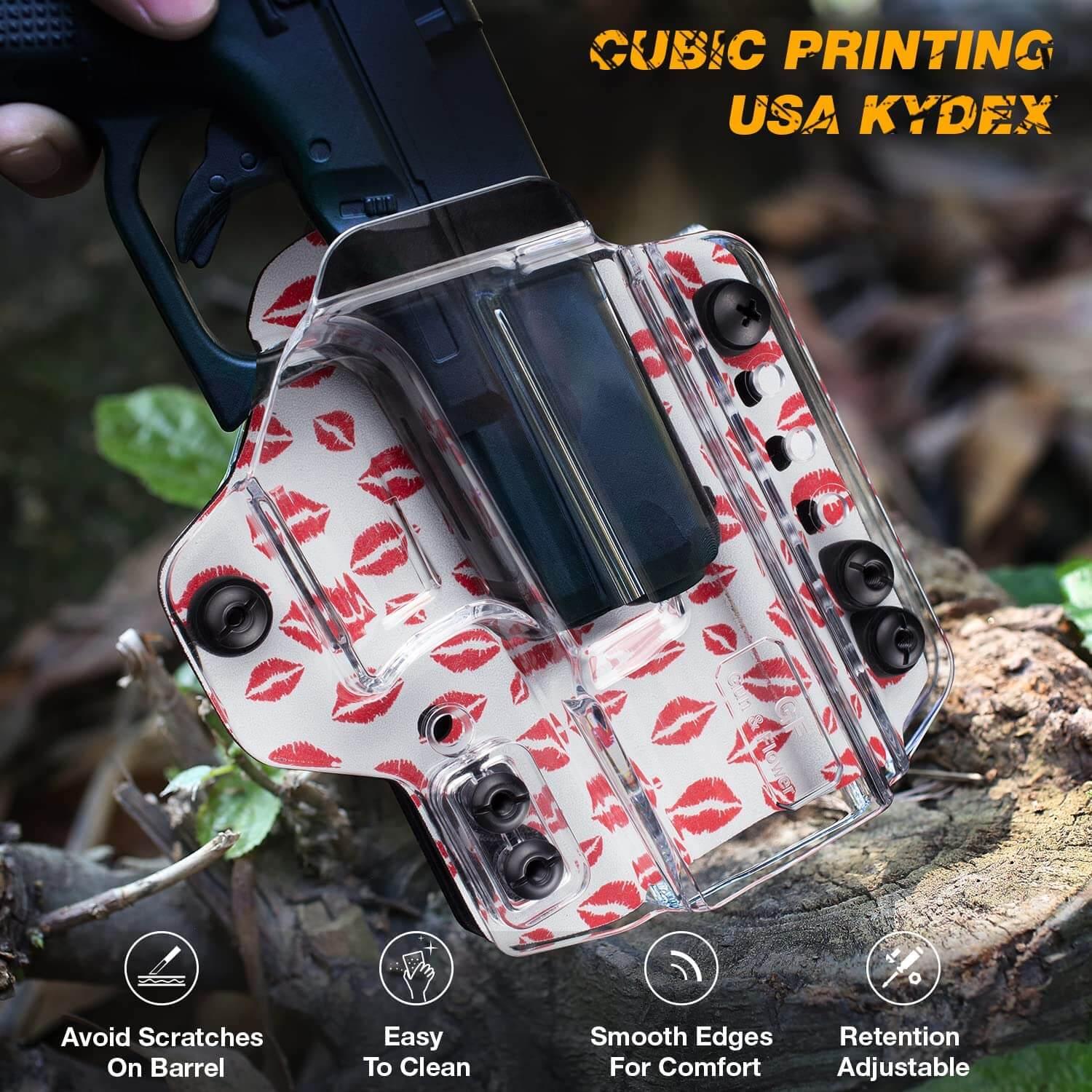 IWB&OWB Convertible Clear Holster with Lips Printing for Glock 17/19/22/23/31/32/45 Cool holstres for Women Gun & Flower
