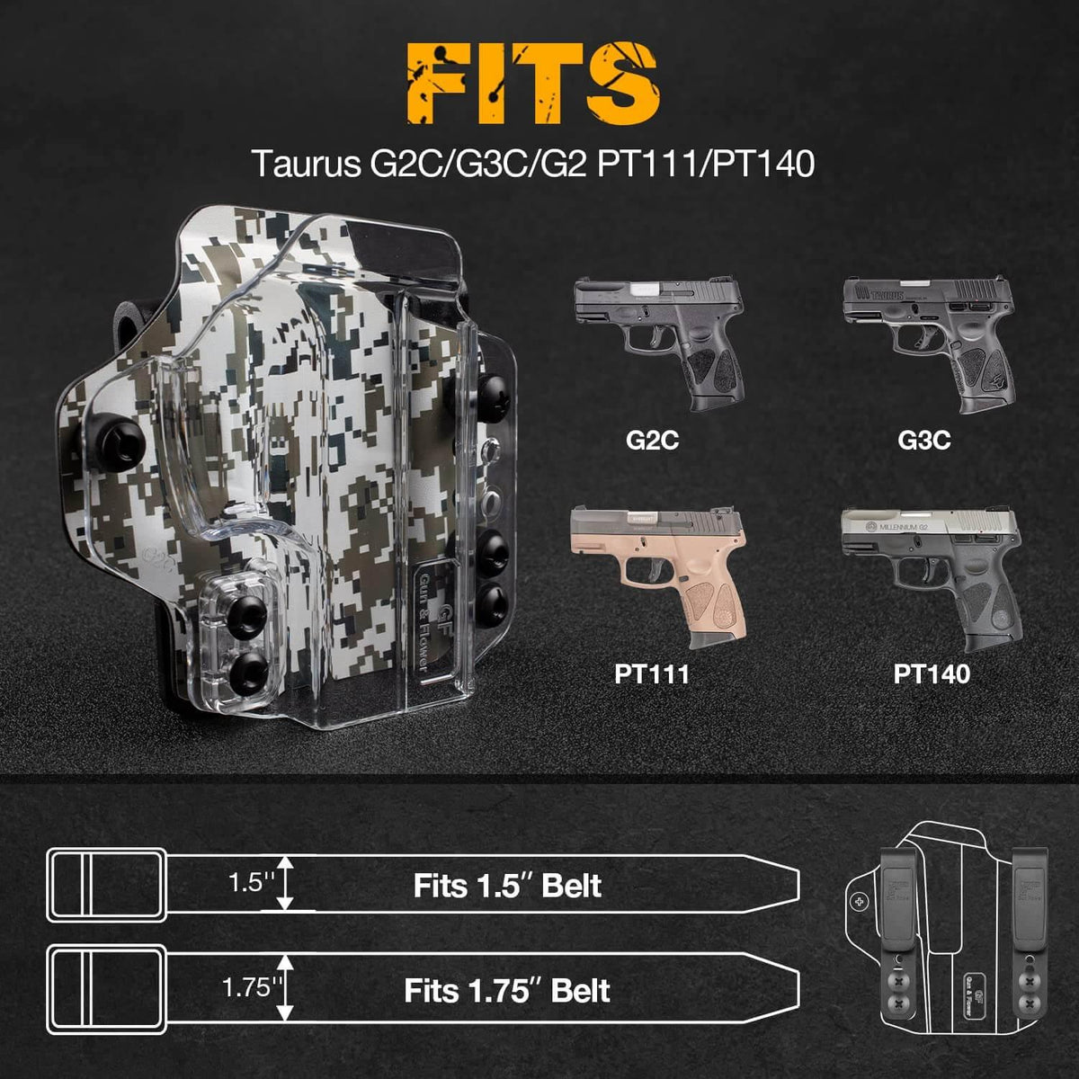 IWB&OWB Convertible Clear Polymer Holster Camouflage Printing for Taurus G3C/G2C/Millennium G2 PT111/PT140 Gun & Flower