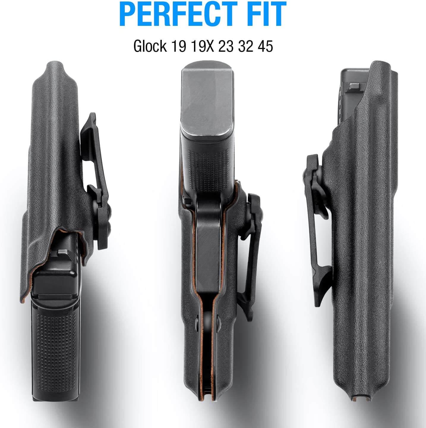 Glock G19 Gen3-5  G19X  G23 Gen3-4  G26 Gen3-5  G32 Gen3-4  G44  G45 Custom Leather Lined Kydex Holster IWB, Right Hand | Gun&Flower Gun & Flower