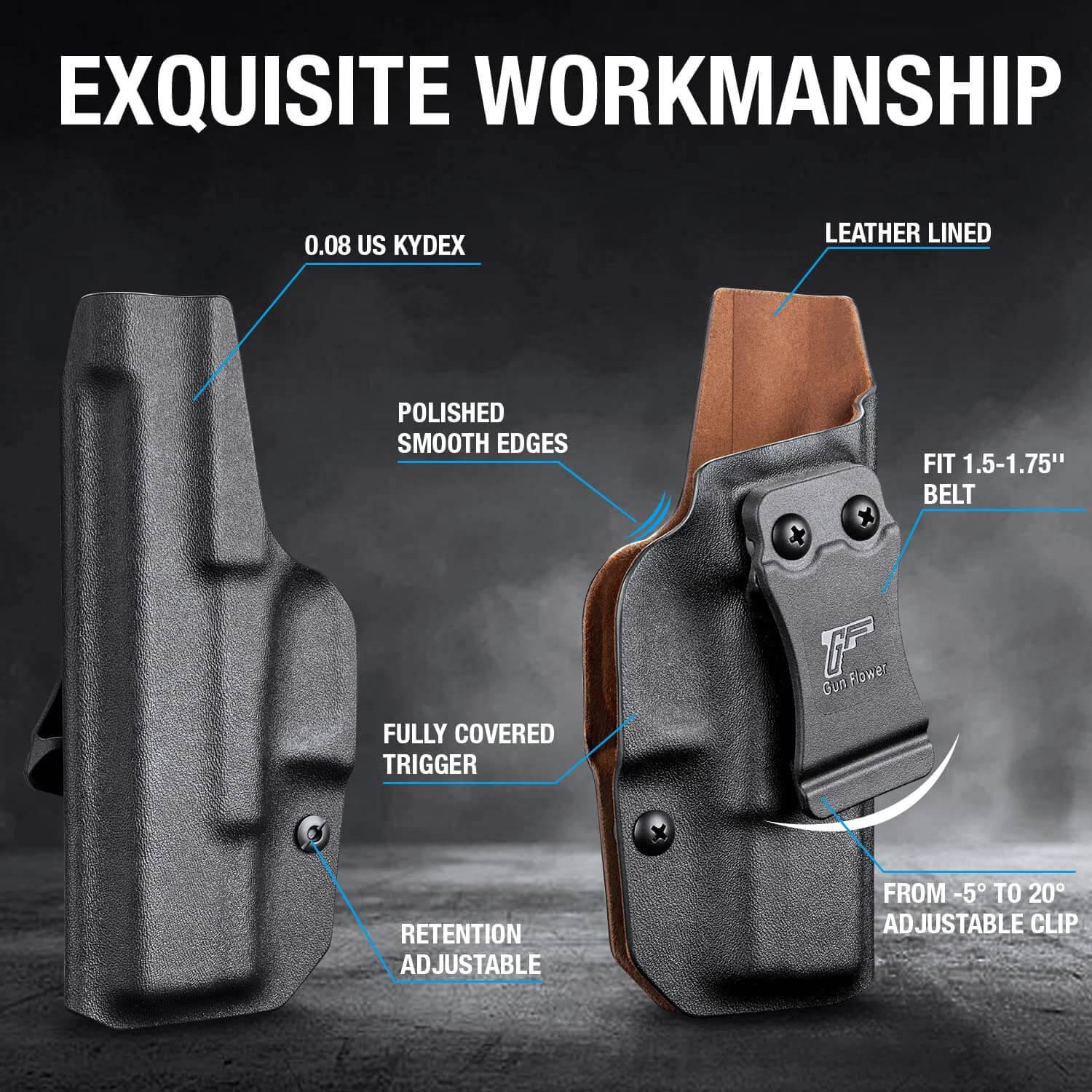 Glock G19 Gen3-5  G19X  G23 Gen3-4  G26 Gen3-5  G32 Gen3-4  G44  G45 Custom Leather Lined Kydex Holster IWB, Right Hand | Gun&Flower Gun & Flower