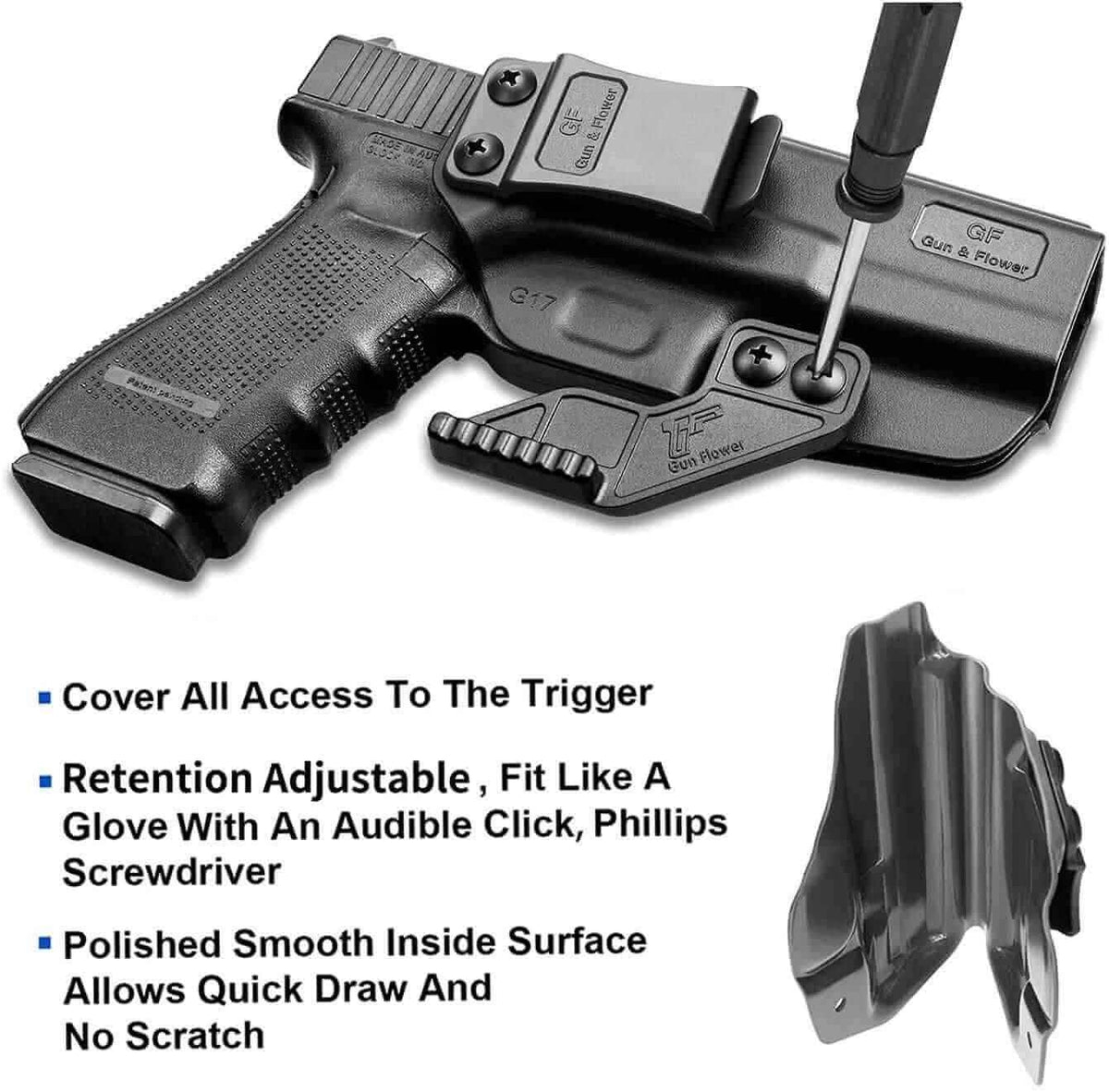 Glock G17 Gen3-5 G19 Gen3-5 G19X G23 Gen3-4 G22 Gen3-4 G31 Gen3-4 G32 Gen3-4 G44 G45 IWB Polymer Holster with Claw Inside Waistband Concealed Carry Holster Cant Retention Adjustable , Right Hand | Gun & Flower
