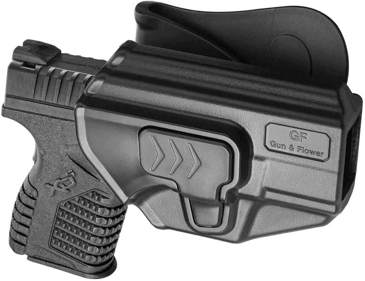 Springfield Armory XD-S 3.3" Barrel Polymer Level II Index Finger Release OWB Open Carry Paddle Holster Fully Trigger Guard Open Muzzle | Gun & Flower