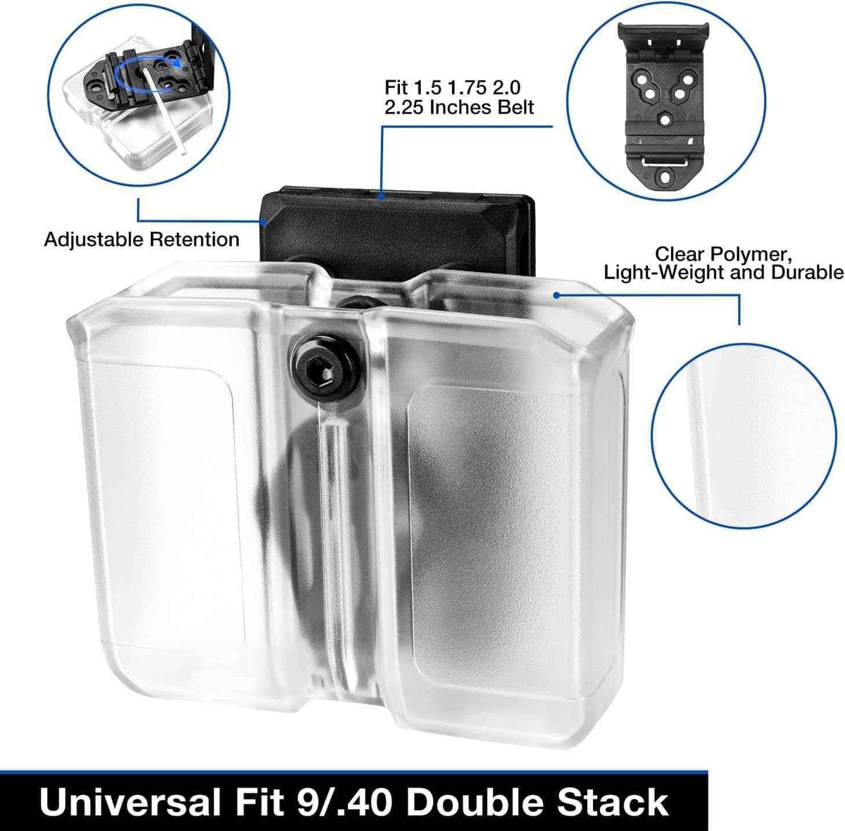Universal Frosted Clear Double Magazine Pouch 9mm .40 Double Stack Mag Holder Mag Holster with 1.5''-2'' Belt Clip | Gun & Flower