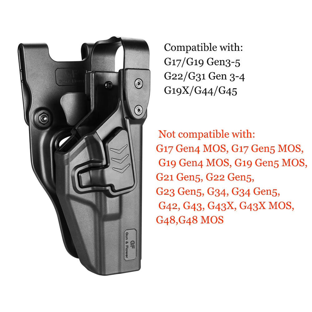 Glock G17 Gen3-5  G19 Gen3-5  G19X  G23 Gen3-4 G22 Gen3-4  G31 Gen3-4 G32 Gen3-4  G44  G45 Level III Retention Polymer  Holster , Right Hand | Gun & Flower