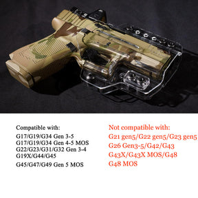 Glock G17 Gen3-5  G17 Gen4 MOS  G17 Gen5 MOS  G19 Gen3-5  G19X  G19 Gen4 MOS  G19 Gen5 MOS  G23 Gen3-4  G26 Gen5 MOS  G32 Gen3-4  G34 Gen3-5  G34 Gen5 MOS  G44  G45  G45 MOS Clear IWB & OWB Convertable Polymer Holster , Right Hand | Gun & Flower Gun & Flower