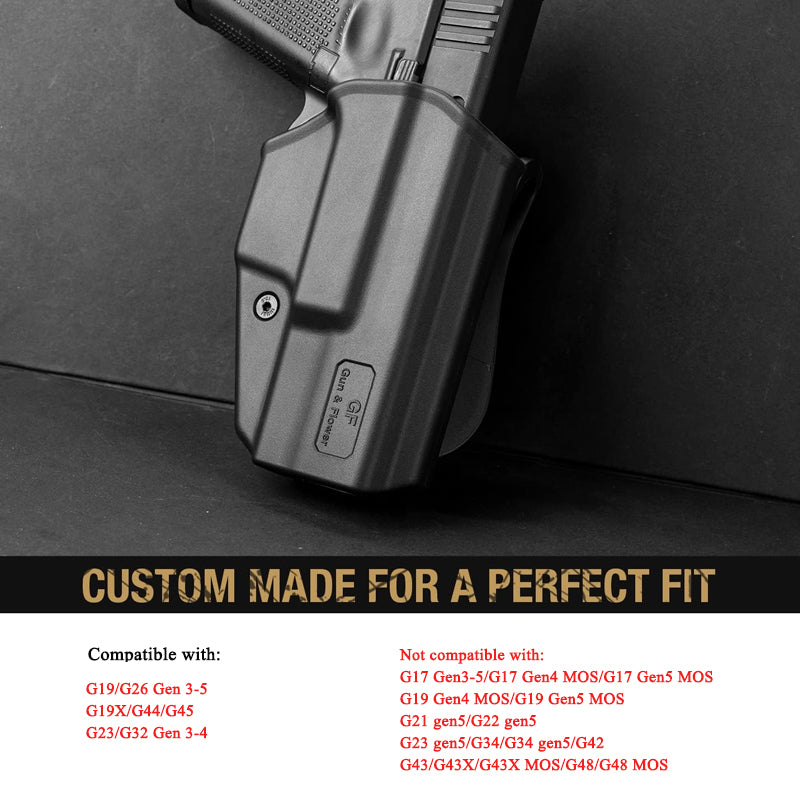 OWB Holster Compatible with G17 Gen3-5 G17 Gen4 MOS G17 Gen5 MOS G19 Gen3-5 G19 Gen4 MOS G19 Gen5 MOS Glock 26 Gen3-5 G34 G19X G34 Gen5 G44 G45 MOS. Outside Waistband Carry Holster with Level I Retention-Right Hand