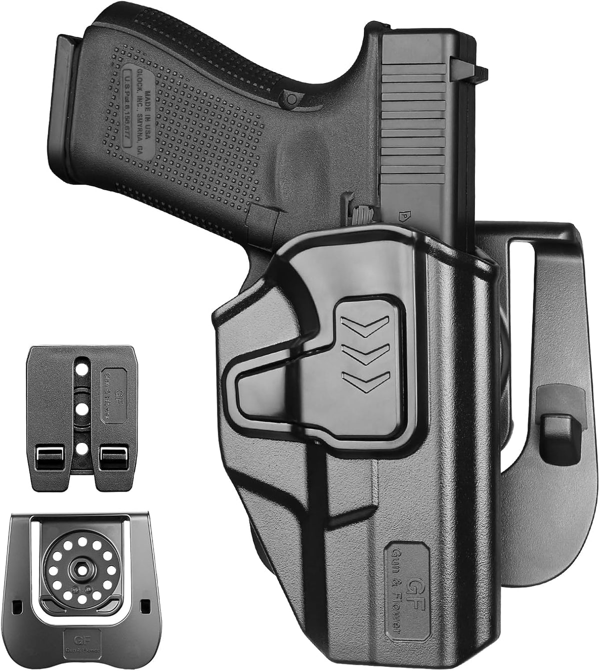 GUN & FLOWER OWB Paddle Holster Fits Glock G19 Gen3-5, G23/G32 Gen3-4, G19X/G44/G45, Outside Waistband Carry Paddle w/Molle Adapter, Level II Index Finger Release, 360 Degrees Adjustable, Right Hand
