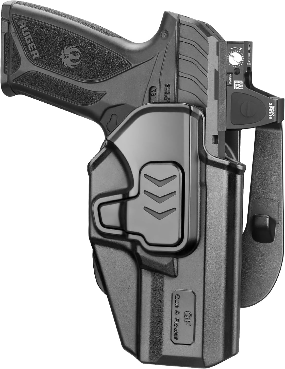 OWB Holster Compatible with Ruger Security 9 Standard, Fits Red Dot/Optics, Level II Index Finger Release Gun Holster, Outside Waistband Carry, 360° Adjustable Paddle, Right Hand