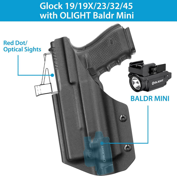 Holster Compatible with Glock 19 19X 23 32 45 w/Olight Baldr Mini, Light Bearing Holster, Adj. Retention, Right Hand | Gun & Flower