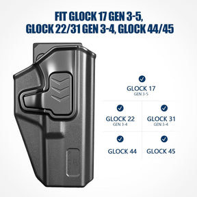 GUN & FLOWER OWB Holster Fits Glock 17 Gen 3-5, Glock 22/31 Gen 3-4, Glock 44/45, Outside Waistband Carry Belt Clip w/Molle Adapter, Level II Index Finger Release, 360 Degrees Adjustable, Right Hand