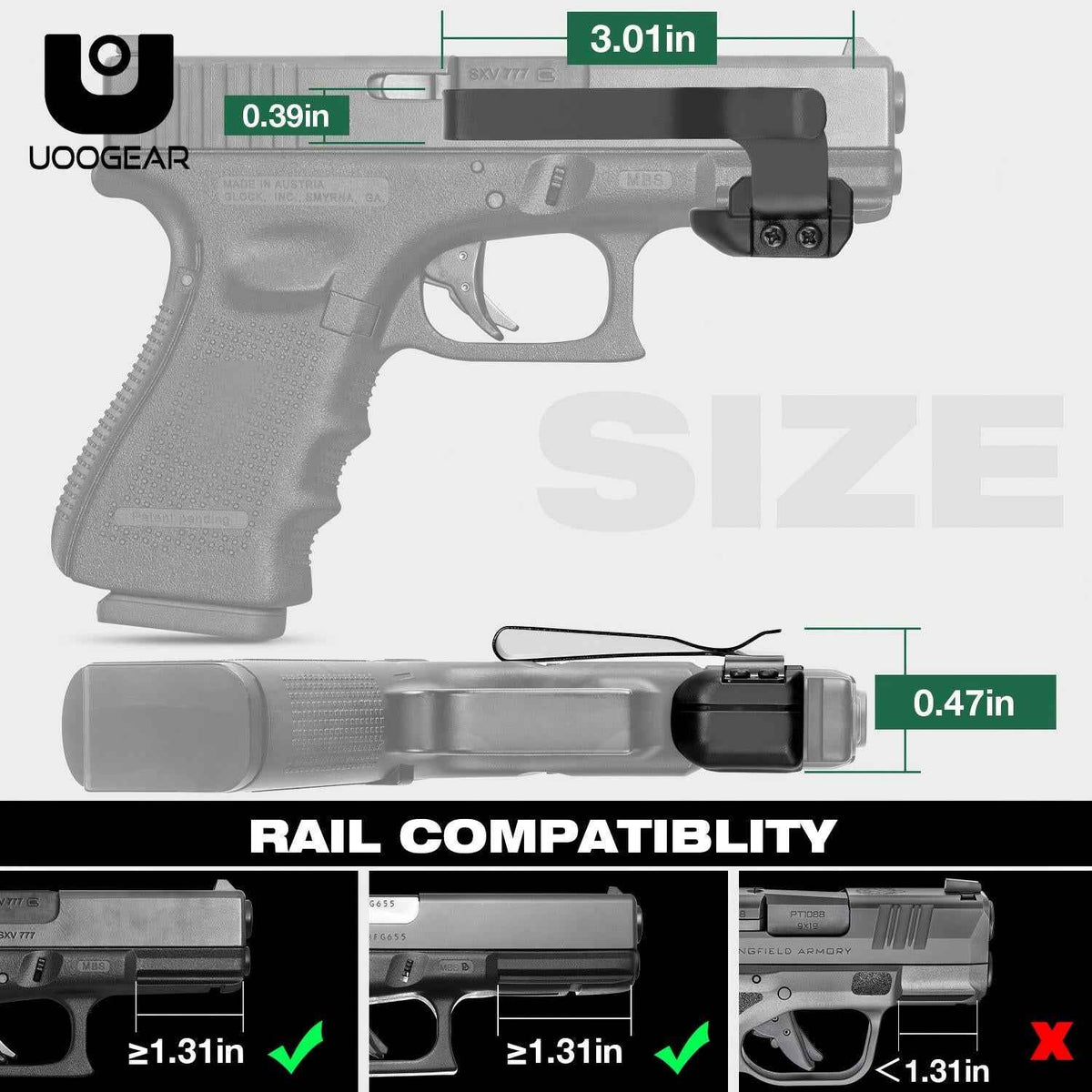UOOGEAR Universal Rail Gun Clip, Low Profile Concealed Carry Gun Clip Fit: Gun w/Rail 1.31 Inch and Plus