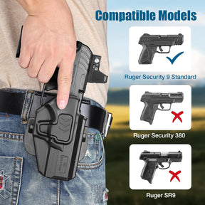 OWB Holster Compatible with Ruger Security 9 Standard, Fits Red Dot/Optics, Level II Index Finger Release Gun Holster, Outside Waistband Carry, 360° Adjustable Paddle, Right Hand