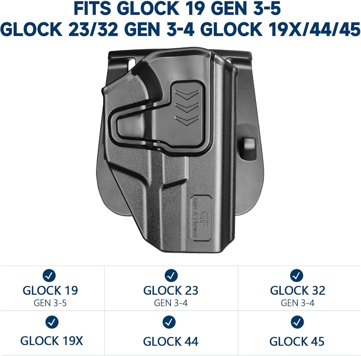 GUN & FLOWER OWB Paddle Holster Fits Glock G19 Gen3-5, G23/G32 Gen3-4, G19X/G44/G45, Outside Waistband Carry Paddle w/Molle Adapter, Level II Index Finger Release, 360 Degrees Adjustable, Right Hand