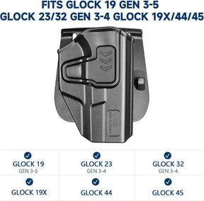 GUN & FLOWER OWB Paddle Holster Fits Glock G19 Gen3-5, G23/G32 Gen3-4, G19X/G44/G45, Outside Waistband Carry Paddle w/Molle Adapter, Level II Index Finger Release, 360 Degrees Adjustable, Right Hand