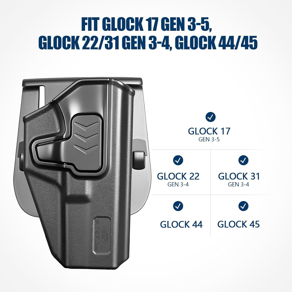 GUN & FLOWER OWB Paddle Holster Fits Glock 17 Gen3-5, Glock 22/31 Gen3-4, Glock 44/45, Outside Waistband Carry Paddle w/Molle Adapter, Level II Index Finger Release, 360 Degrees Adjustable, Right Hand