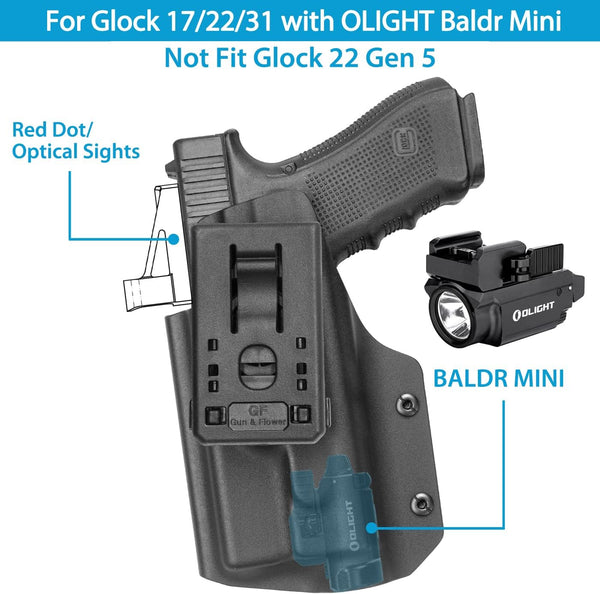 OWB Kydex Holster for Glock 17 22 31 w/ Olight BALDR Mini, Open Carry Holster Adj Retention, Right Hand | Gun & Flower