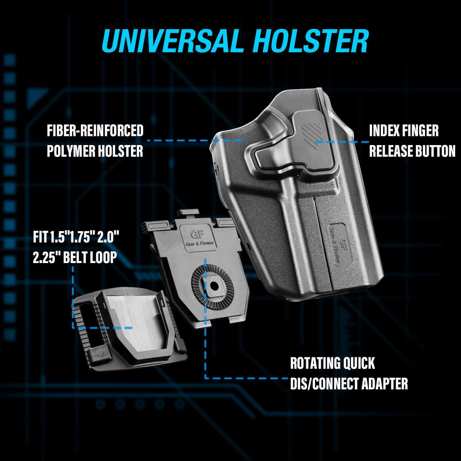 Level II Universal OWB Holster -Quick-attach belt loop,Fits More Than 100 Pistols,Right hand