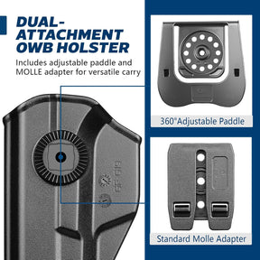 GUN & FLOWER OWB Paddle Holster Fits Glock G19 Gen3-5, G23/G32 Gen3-4, G19X/G44/G45, Outside Waistband Carry Paddle w/Molle Adapter, Level II Index Finger Release, 360 Degrees Adjustable, Right Hand