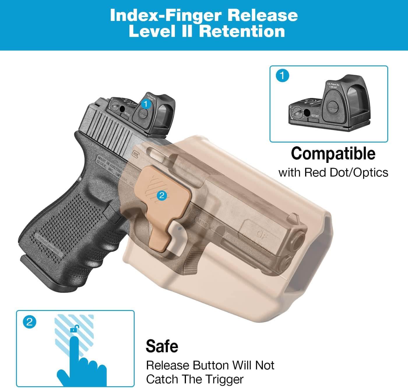 Tan Universal  Level II Index Finger Release OWB Holster with Red Dot Cut, Right Hand