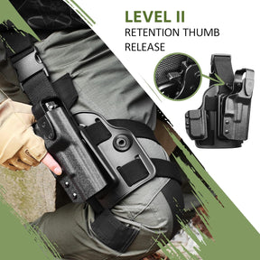 Tactical Level II G17 Drop Leg Holster with Single Mag Pouch for Glock 17/19 Gen3-5, 22/23/31/32 Gen3-4, 19X/44/45 – Kydex Thigh Holster Adjustable Right-Hand Draw