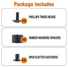 12 Sets Black Chicago Screws for DIY Kydex/Leather Holsters, Clips & Knife Sheaths - Includes Phillips Truss Heads, Slotted Fasteners & Rubber Spacers | Secure Fit, Anti-Loosening