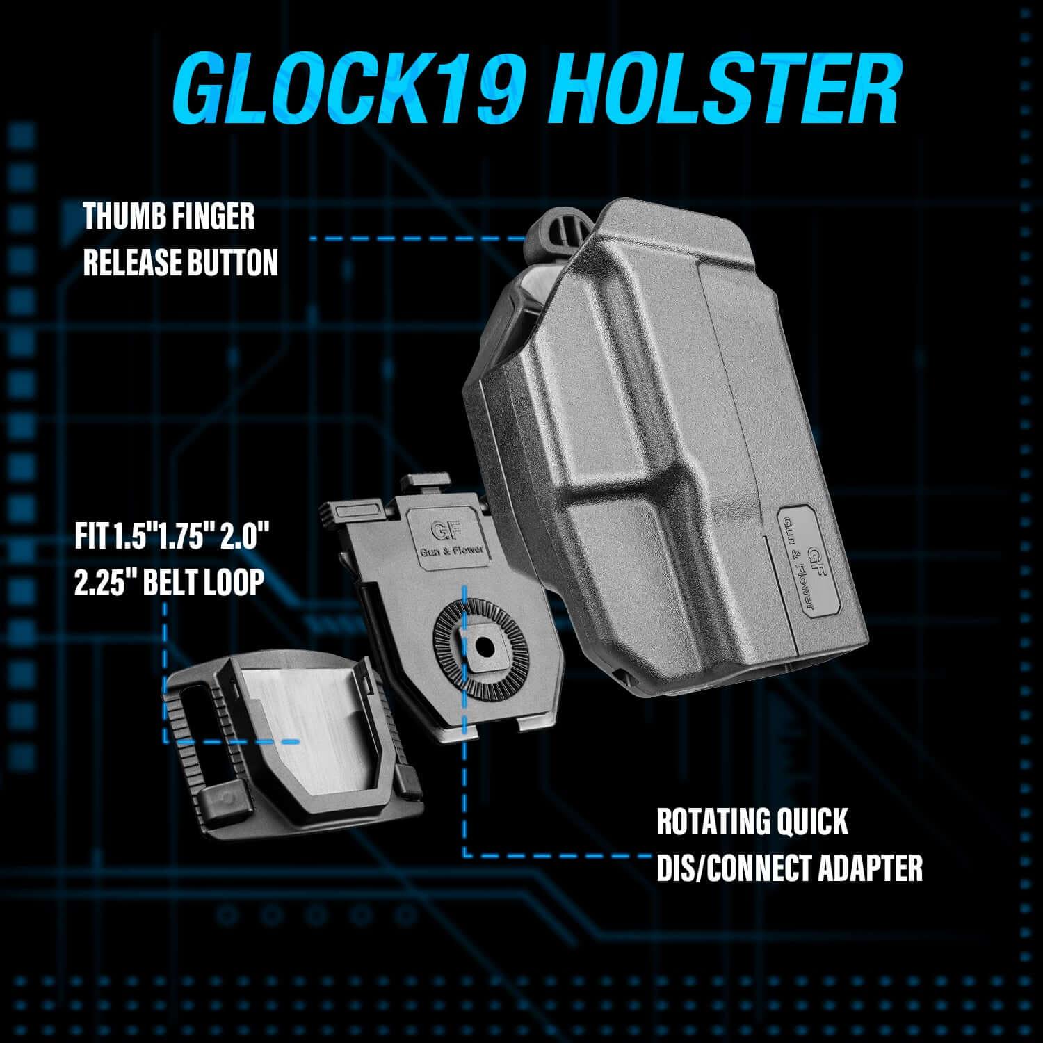 Glock 19 Holster, Level II Retention OWB Holster for Glock19 19X 32 44 45(Gen 3 4 5) 丨Glock23(Gen 3 4), Belt Loop Attachment, Outside Waistband Carry,  Thumb Release,right hand|Gun & Flower