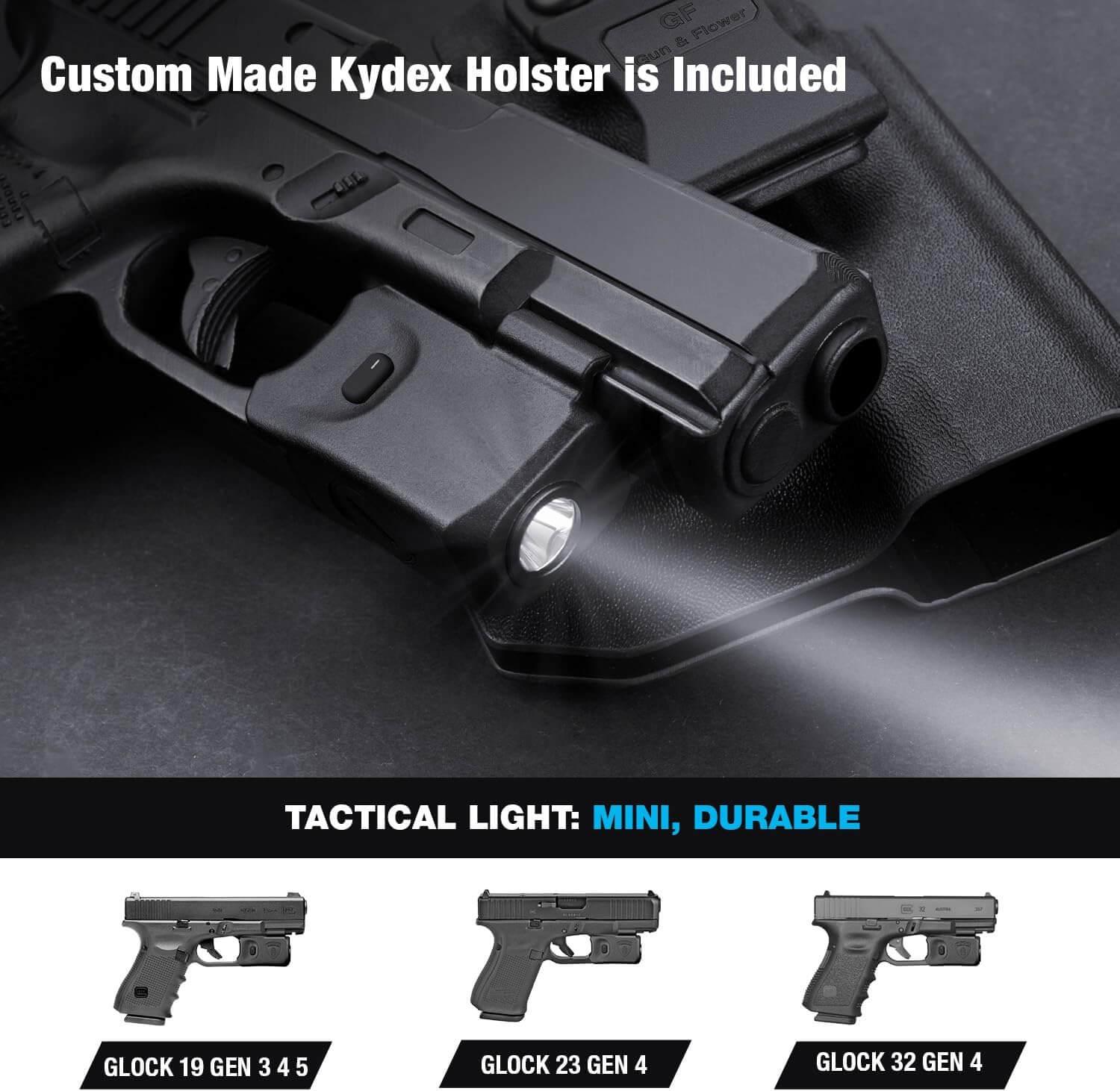 Light and Holster Combo, 150 Lumens light for Glock 19, Kydex Holster Included | Gun&Flower