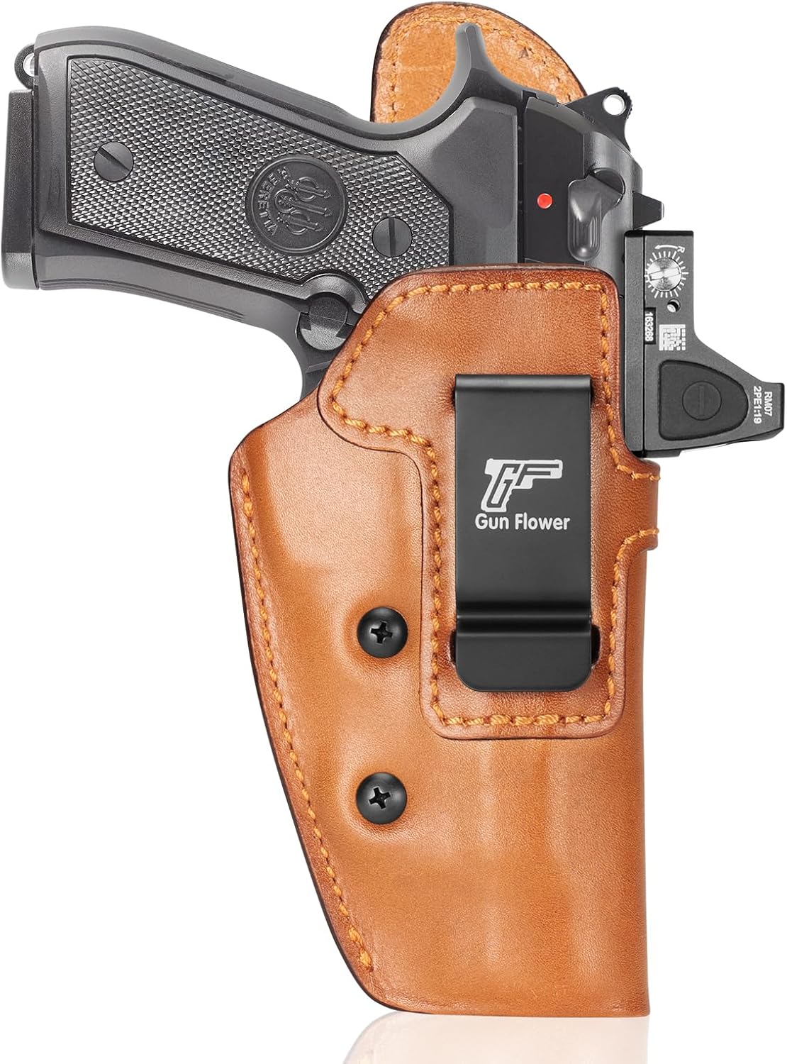 Beretta 92FS / 96 / M9 (No Rail) IWB Leather Holster - Optic Cut, Adjustable Retention, Concealed Carry Inside Waistband, Fits 1.5"-1.75" Belt, Brown Right Hand - GUN & FLOWER