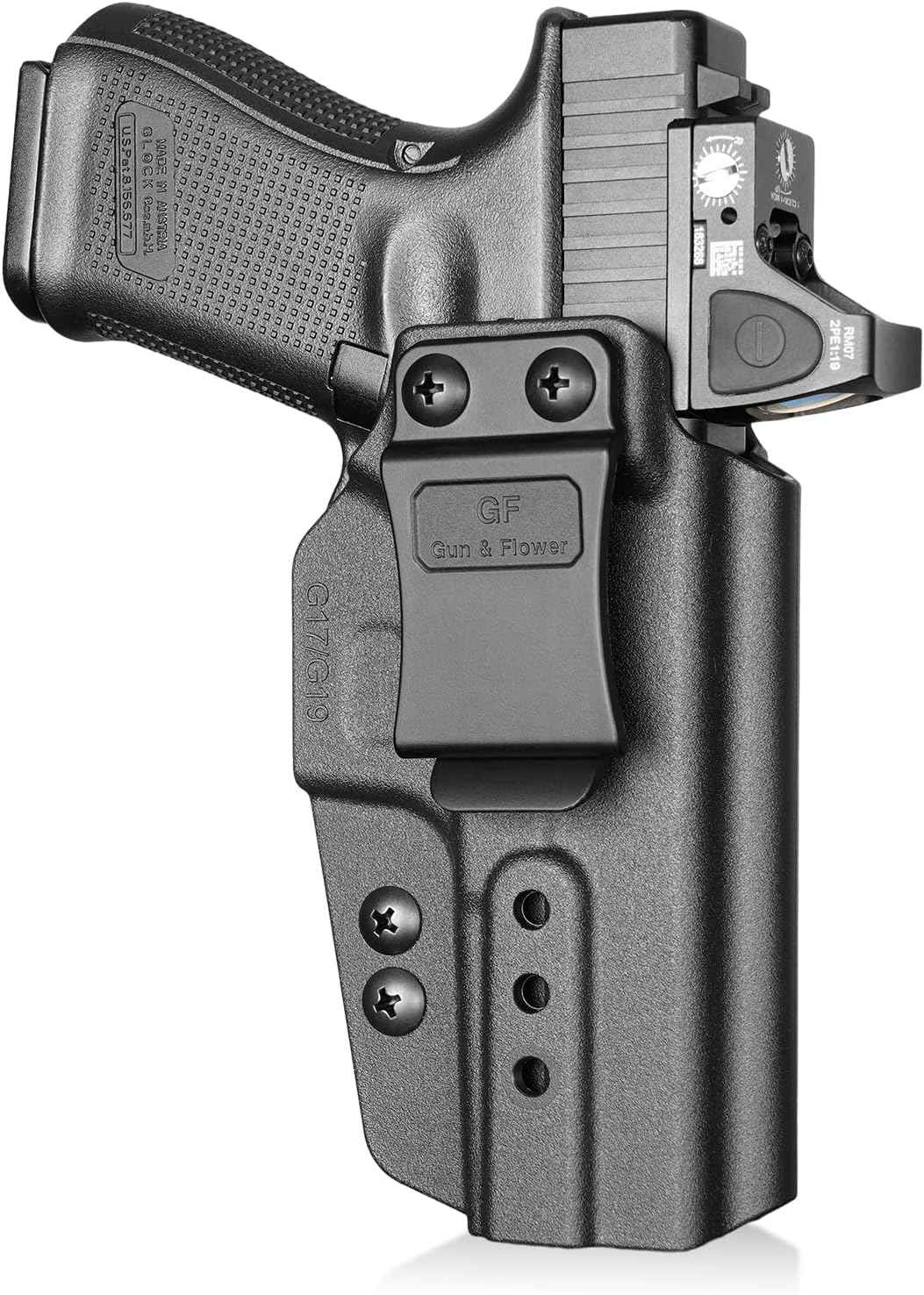 Glock 19/17/19X/45 IWB Holster - Optic Cut, Adjustable Cant & Height, Inside Waistband Concealed Carry, Fits Gen 1-6 + G34/G44/G32 Gen3-4 & Ruger RXM, Right Hand Black (OWB Ready) - GUN & FLOWER