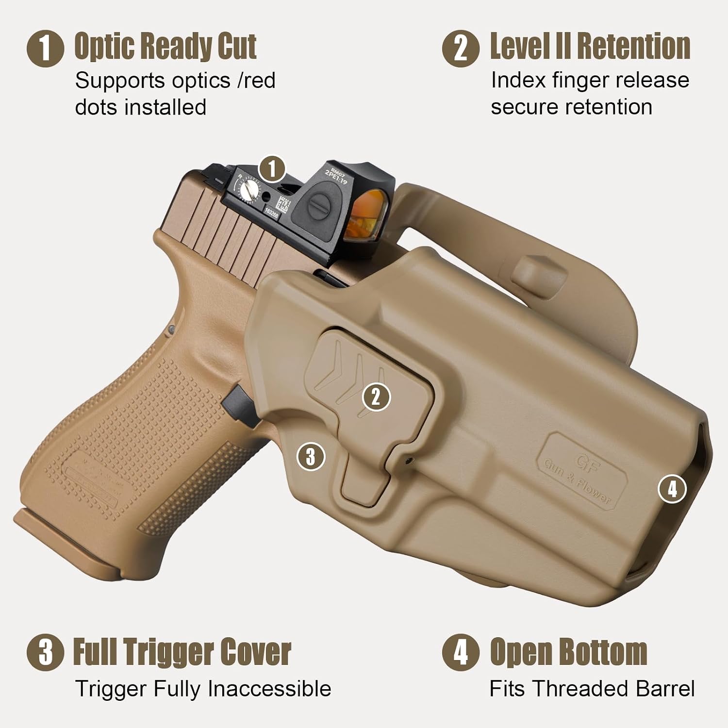 Glock 17/19/19X/22/23/44/45 OWB Holster - Level II Index Finger Release, Optic Ready / MOS Compatible, Fits Ruger RXM, PSA Dagger Compact & Glock 31/32 Gen1-6, Adjustable Retention, Right Hand