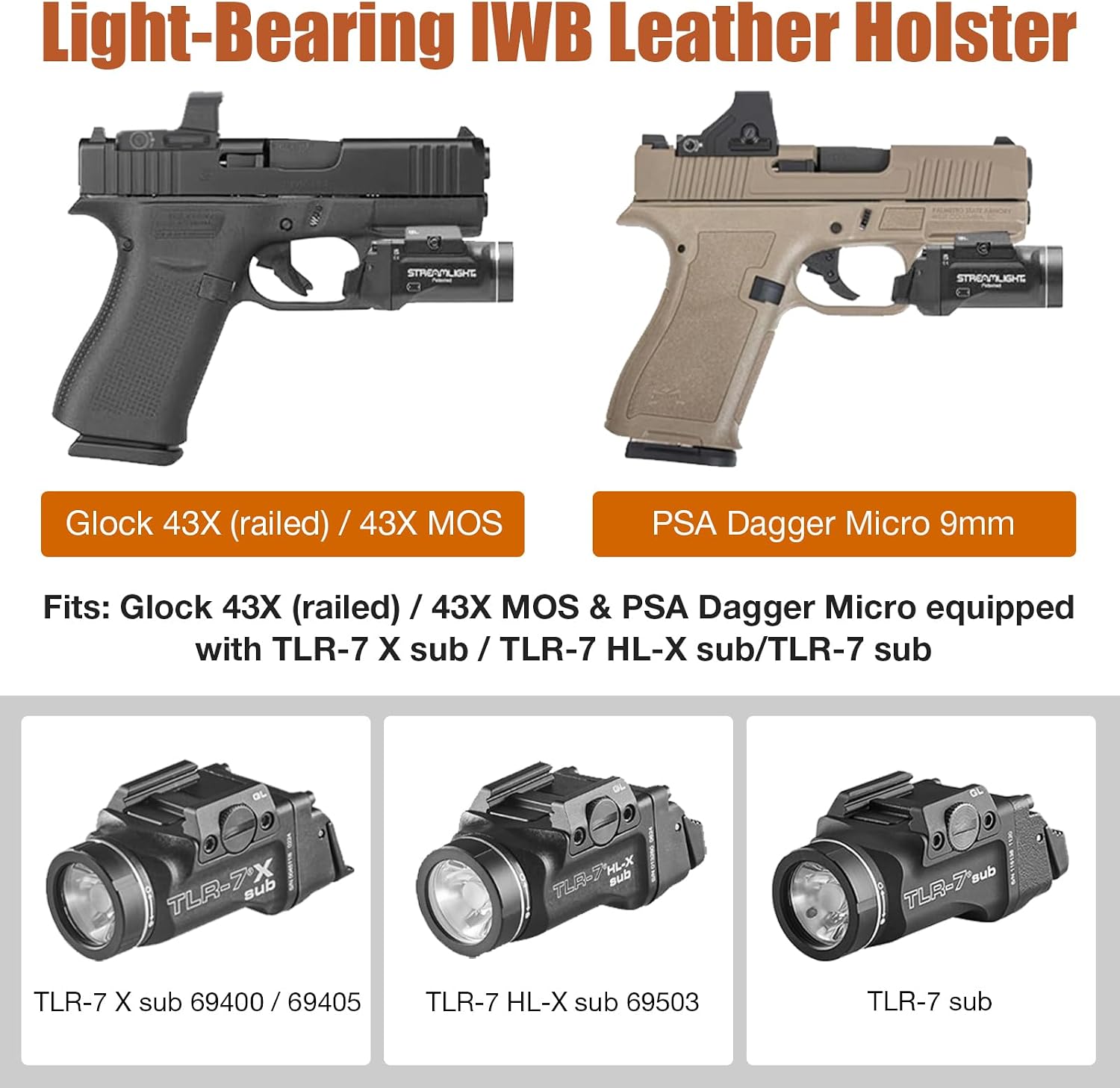Glock 43X IWB Leather Holster w/TLR-7X Sub, TLR-7 HL-X Sub & TLR-7 Sub - Optic-Ready Cut, Fits Glock 43X MOS & Rail Version + PSA Dagger Micro, 1.5"-1.75" Belts, Right Hand - GUN & FLOWER