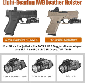 Glock 43X IWB Leather Holster w/TLR-7X Sub, TLR-7 HL-X Sub & TLR-7 Sub - Optic-Ready Cut, Fits Glock 43X MOS & Rail Version + PSA Dagger Micro, 1.5"-1.75" Belts, Right Hand - GUN & FLOWER