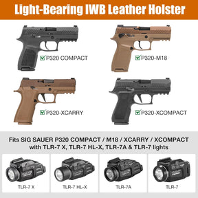 Sig P320 Compact / M18 IWB Leather Holster w/TLR-7 X / HL-X / TLR-7A / TLR-7 - Light-Bearing Optic Ready, Also Fits P320 XCarry & XCompact, 1.5"-1.75" Belts, Right Hand