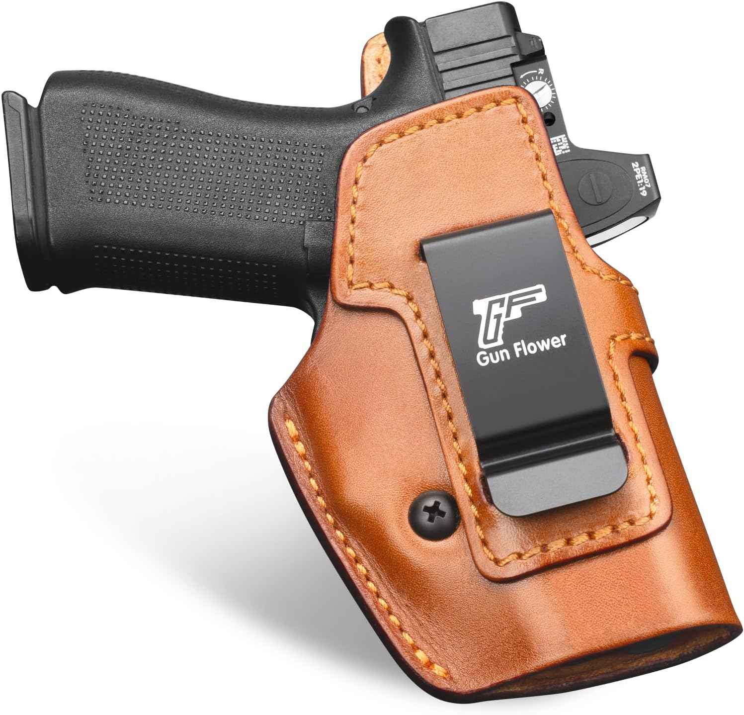 Glock 43/43X/43X MOS IWB Leather Holster - Optic Cut Concealed Carry, Appendix Inside Waistband, Fits 1.5"-1.75" Belt, Brown/Black Right Hand - GUN & FLOWER