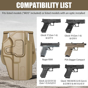 Glock 17/19/19X/22/23/44/45 OWB Holster - Level II Index Finger Release, Optic Ready / MOS Compatible, Fits Ruger RXM, PSA Dagger Compact & Glock 31/32 Gen1-6, Adjustable Retention, Right Hand