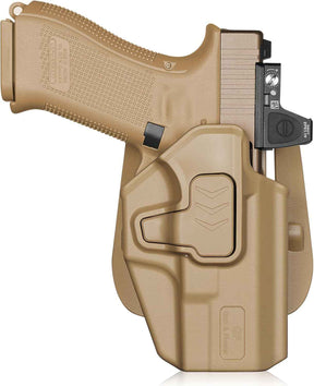 Glock 19/19X/23/26/44/45 OWB Holster - Level II Index Finger Release, Optic Ready / MOS Compatible, Fits Ruger RXM, PSA Dagger Compact & Glock 32 Gen3-4, Right Hand Tan - GUN & FLOWER