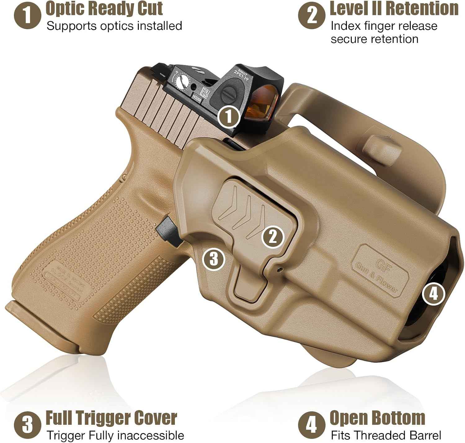 Glock 19/19X/23/26/44/45 OWB Holster - Level II Index Finger Release, Optic Ready / MOS Compatible, Fits Ruger RXM, PSA Dagger Compact & Glock 32 Gen3-4, Right Hand Tan - GUN & FLOWER