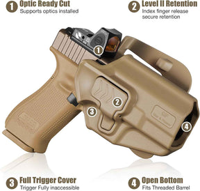 Glock 19/19X/23/26/44/45 OWB Holster - Level II Index Finger Release, Optic Ready / MOS Compatible, Fits Ruger RXM, PSA Dagger Compact & Glock 32 Gen3-4, Right Hand Tan - GUN & FLOWER