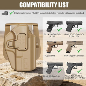 Glock 19/19X/23/26/44/45 OWB Holster - Level II Index Finger Release, Optic Ready / MOS Compatible, Fits Ruger RXM, PSA Dagger Compact & Glock 32 Gen3-4, Right Hand Tan - GUN & FLOWER