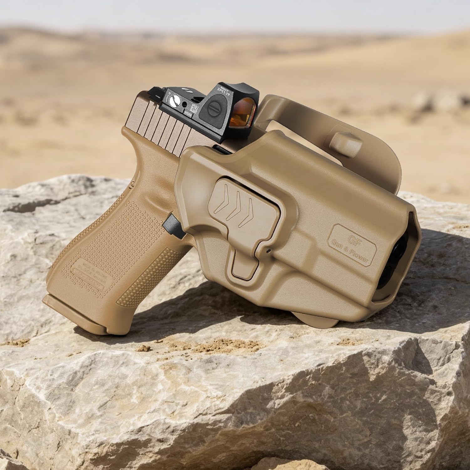 Glock 19/19X/23/26/44/45 OWB Holster - Level II Index Finger Release, Optic Ready / MOS Compatible, Fits Ruger RXM, PSA Dagger Compact & Glock 32 Gen3-4, Right Hand Tan - GUN & FLOWER