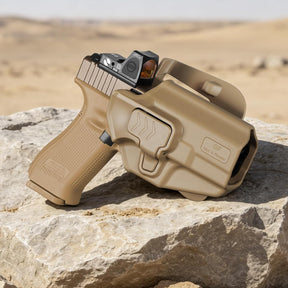 Glock 19/19X/23/26/44/45 OWB Holster - Level II Index Finger Release, Optic Ready / MOS Compatible, Fits Ruger RXM, PSA Dagger Compact & Glock 32 Gen3-4, Right Hand Tan - GUN & FLOWER