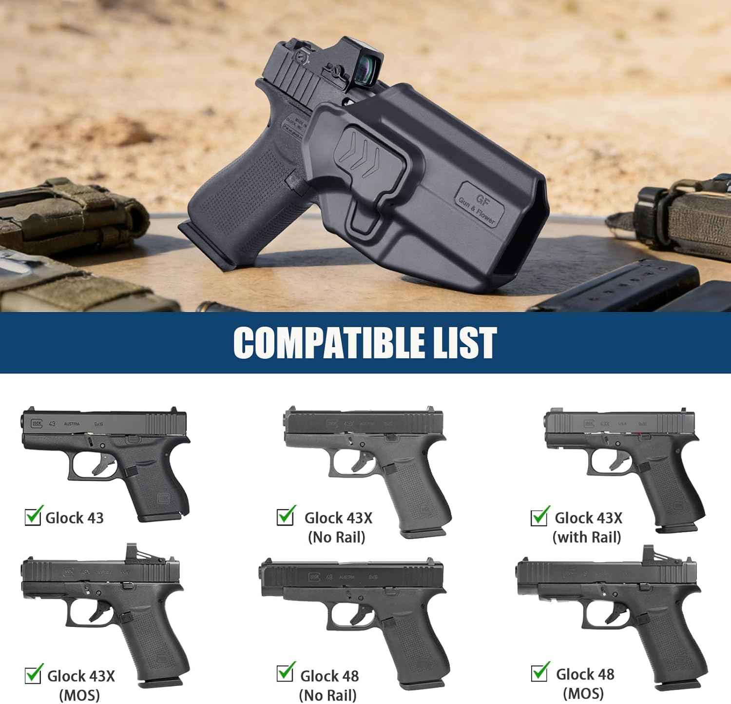 Glock 43 / 43X / 48 OWB Belt Clip Holster (MOS & Rail Versions) - Level II Retention, Fits G43X MOS with/without Rail, Multiple Attachment Options, Right Hand