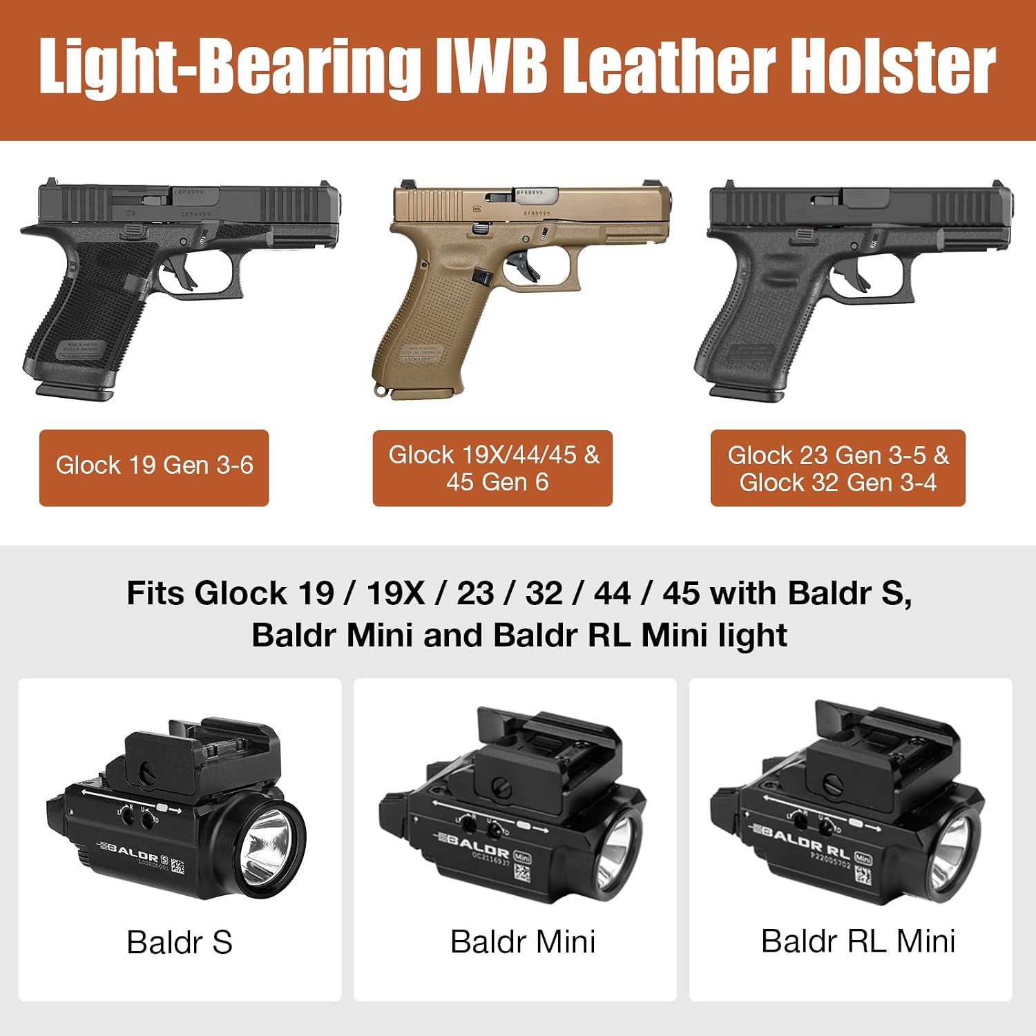Glock 19/19X/23/32/44/45 IWB Black Leather Holster w/Olight Baldr S / Baldr Mini / RL Mini - Light-Bearing Optic Cut, Fits MOS Version, 1.5"-1.75" Belts, Right Hand