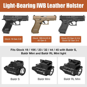 Glock 19/19X/23/32/44/45 IWB Black Leather Holster w/Olight Baldr S / Baldr Mini / RL Mini - Light-Bearing Optic Cut, Fits MOS Version, 1.5"-1.75" Belts, Right Hand
