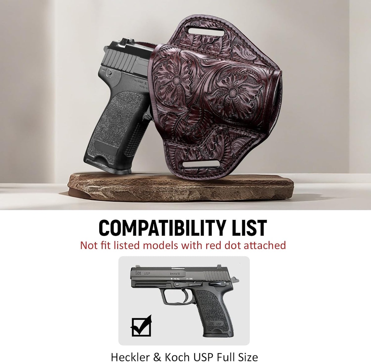 Premium Leather HK USP Holster - Compatible with Heckler & Koch (H&K) USP 9 mm /.40 Full Size, OWB Western Hand-Carved Holster for Women & Men - Fits 1.5" Belts, Right Hand GUN & FLOWER