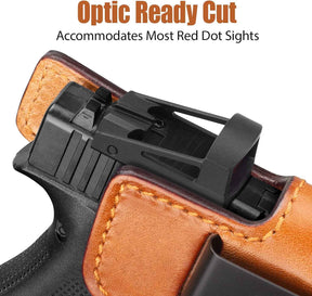 Glock 43/43X/43X MOS IWB Leather Holster - Optic Cut Concealed Carry, Appendix Inside Waistband, Fits 1.5"-1.75" Belt, Brown/Black Right Hand - GUN & FLOWER