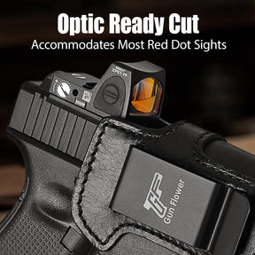 Glock 19/19X/23/32/44/45 IWB Black Leather Holster w/Olight Baldr S / Baldr Mini / RL Mini - Light-Bearing Optic Cut, Fits MOS Version, 1.5"-1.75" Belts, Right Hand