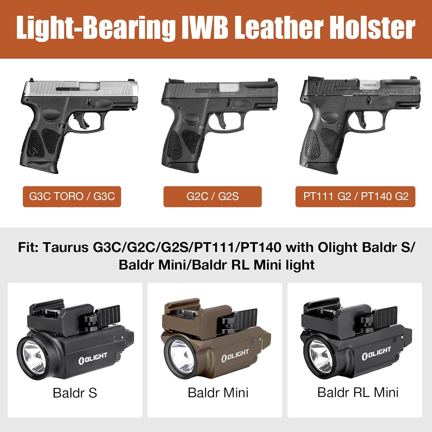 Taurus G3C / G2C IWB Brown Leather Holster w/Olight Baldr S / Baldr Mini / RL Mini - Light-Bearing Concealed Carry, Optic Cut, Fits PT111/PT140, 1.5"-1.75" Belts, Right Hand